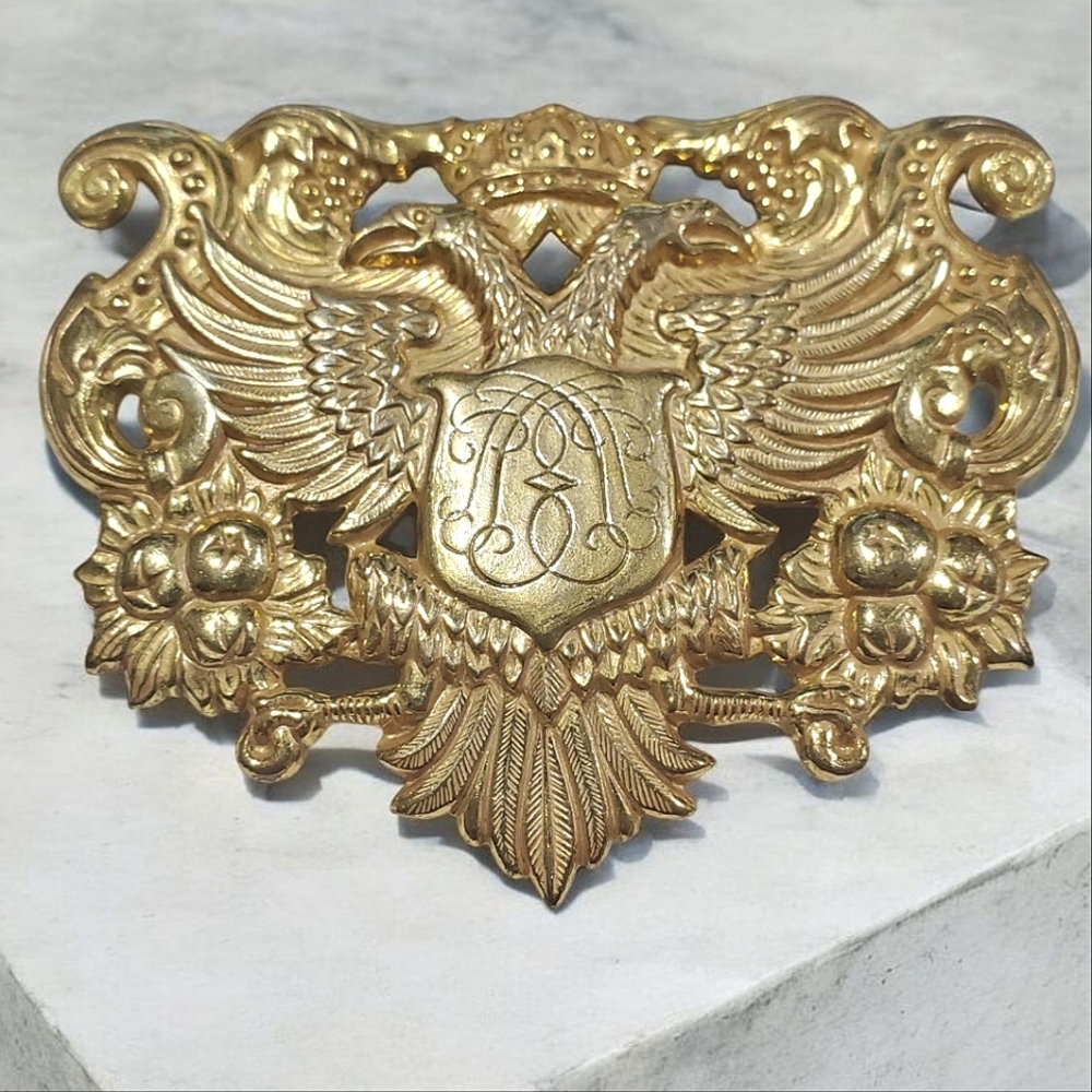 MIRIAM HASKELL Vintage Russian Coat Of Arms Crest Phoenix Eagle Brooch